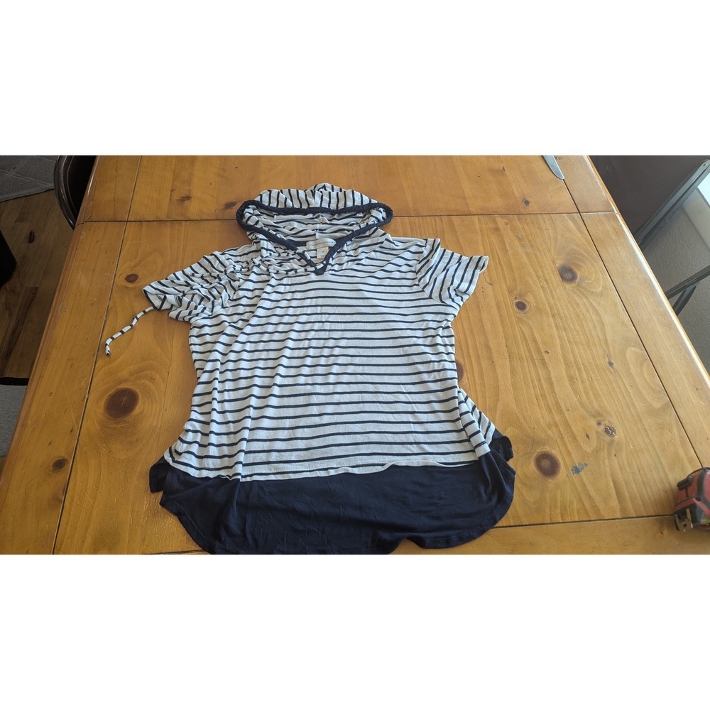 Christopher & Banks Striped Hoodie Top Short Sleeve Women Size M